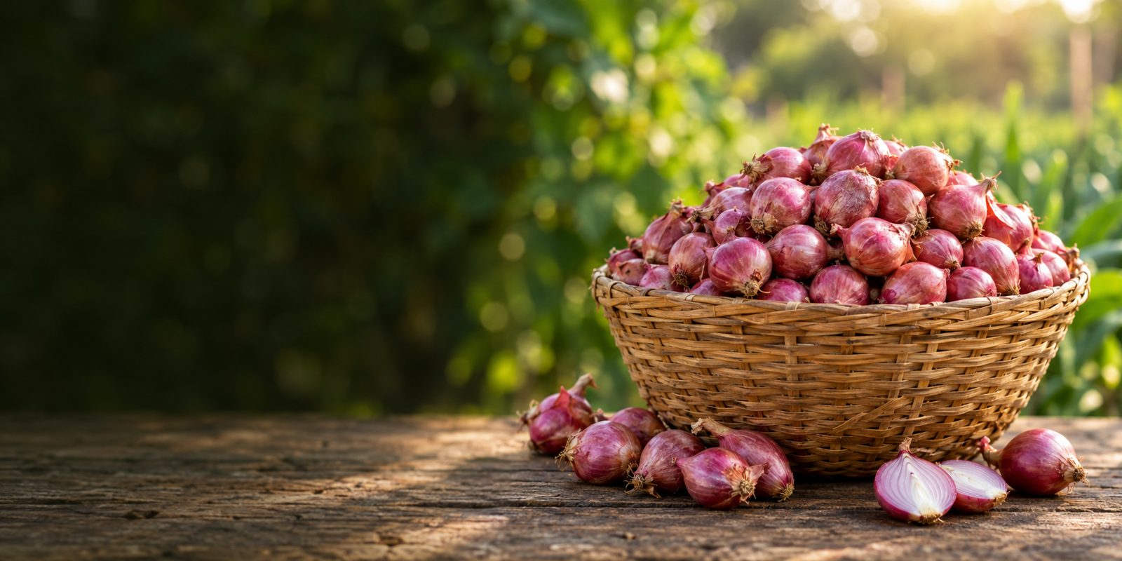Wicker basket full of fresh shallots (sambar onions) on a wooden table