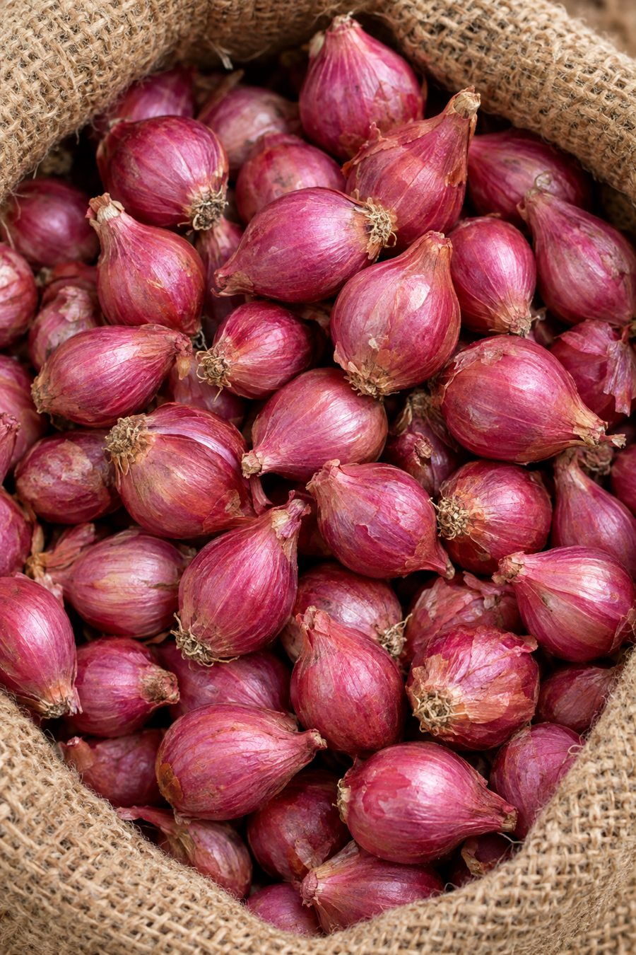 Fresh shallots in a jute sack